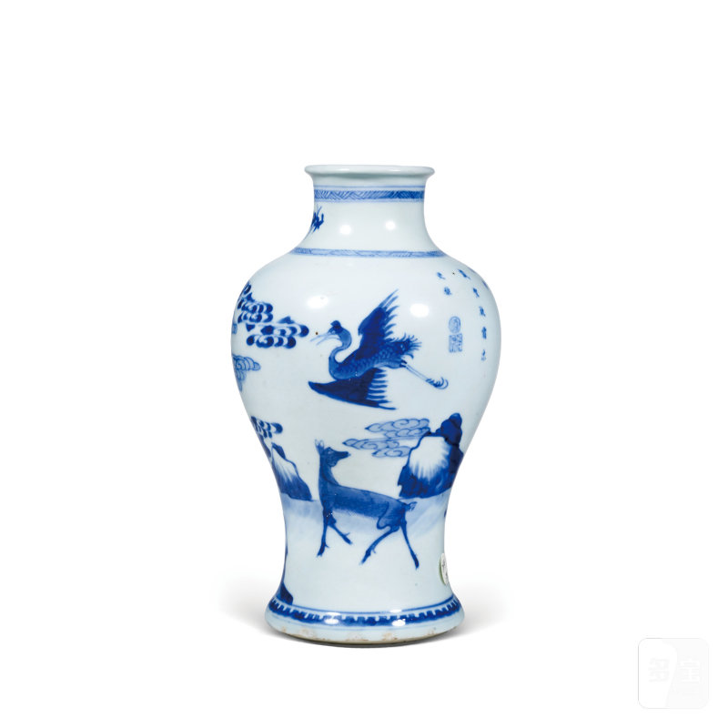 清康熙青花鹤鹿同春诗文梅瓶 - 图1